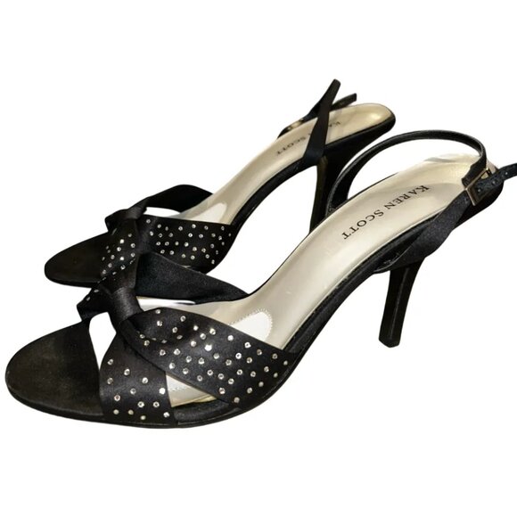 Karen Scott Y2K Black Satin Kitten Heels w/ Rhinestones & Bow Detail | Size 8 - Picture 2 of 4